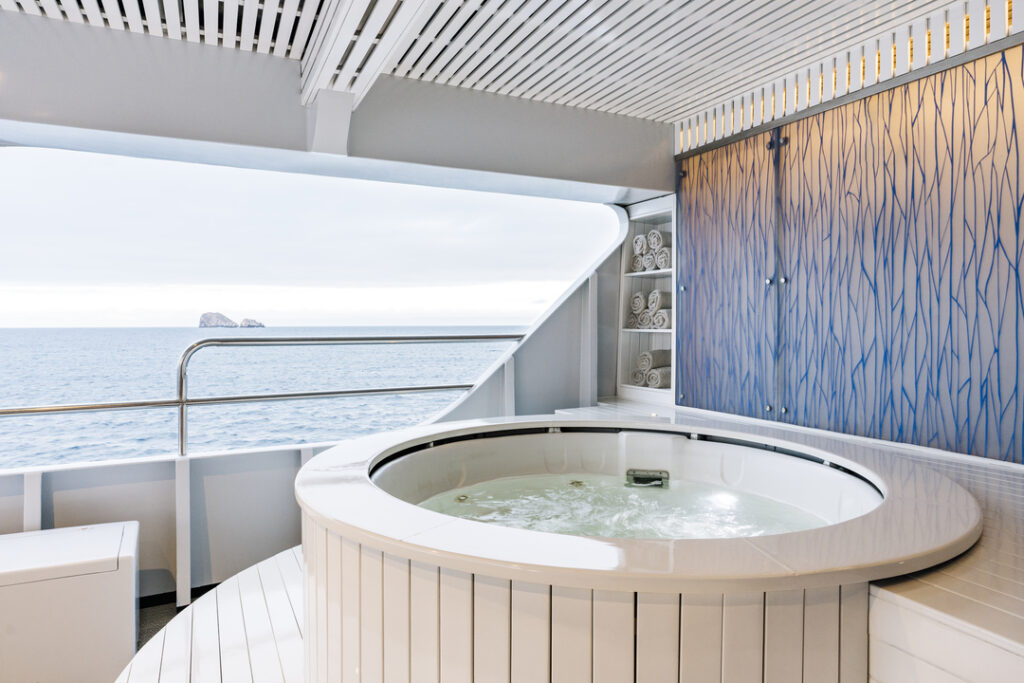 Das Bild zeigt einen Hot Tub der Santa Cruz II mit Blick auf das Meer. Der Bereich ist modern gestaltet, mit einer blauen dekorativen Wand im Hintergrund und einem offenen Geländer, das den Blick ins Freie ermöglicht. 