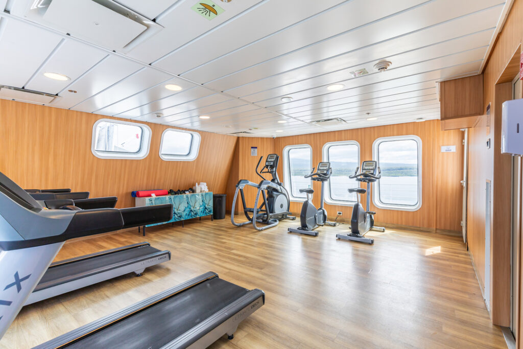 Zu sehen ist ein heller Fitnessraum mit Holzboden und großen Fenstern, die viel Tageslicht hereinlassen. Hier befinden sich Laufbänder, Heimtrainer und ein Regal mit Fitnesszubehör. Die Holzwände verleihen dem Raum eine warme Atmosphäre.