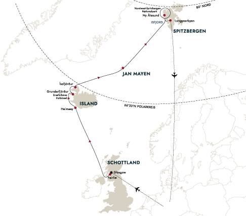 Routenkarte Nordkap Linie MS Trollfjord ab/bis Oslo